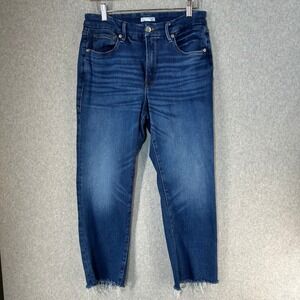Good American Straight Leg Denim Jeans Indigo Blue Wash Raw Hem Womens 12 /‎ 31